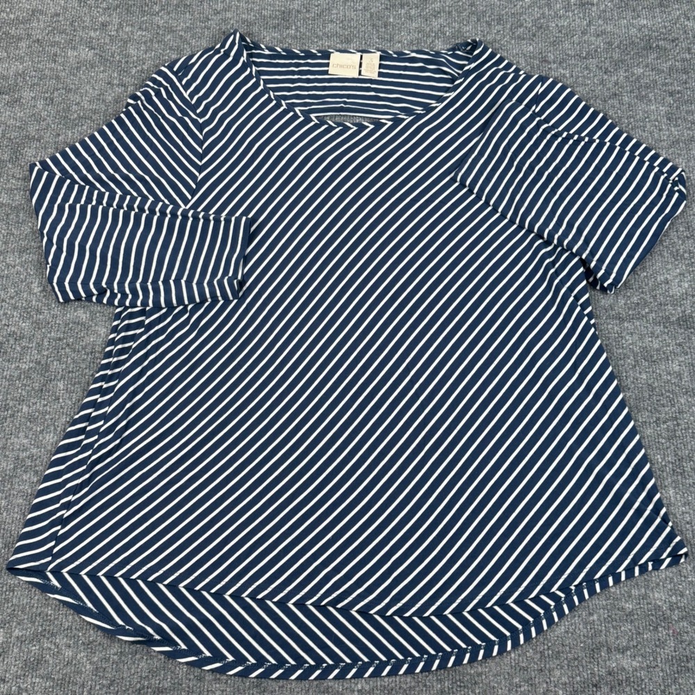 Chicos 3 XL 16/18 Navy White Striped Tunic Stretch Knit Top 3/4 Sleeve Key Hole